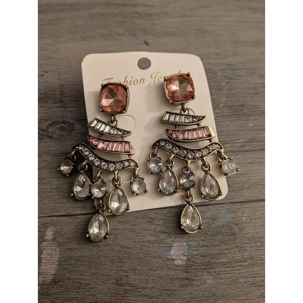 Vintage Style Pink Clear Crystal Chandelier Drop Earrings Bronze Tone Bohemian